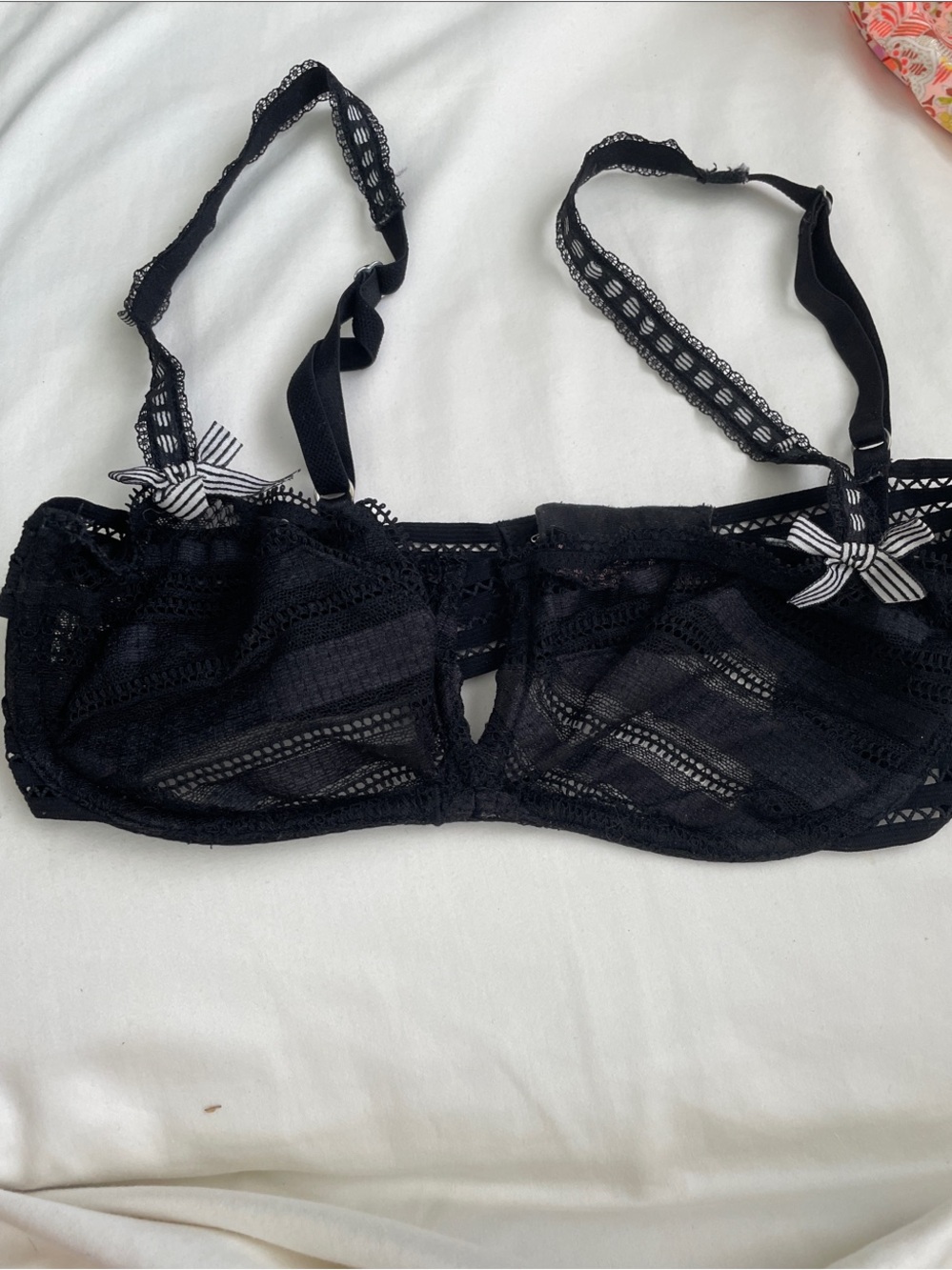 Victoria's Secret Black Lace Balconette Bra with Striped Bow Accents